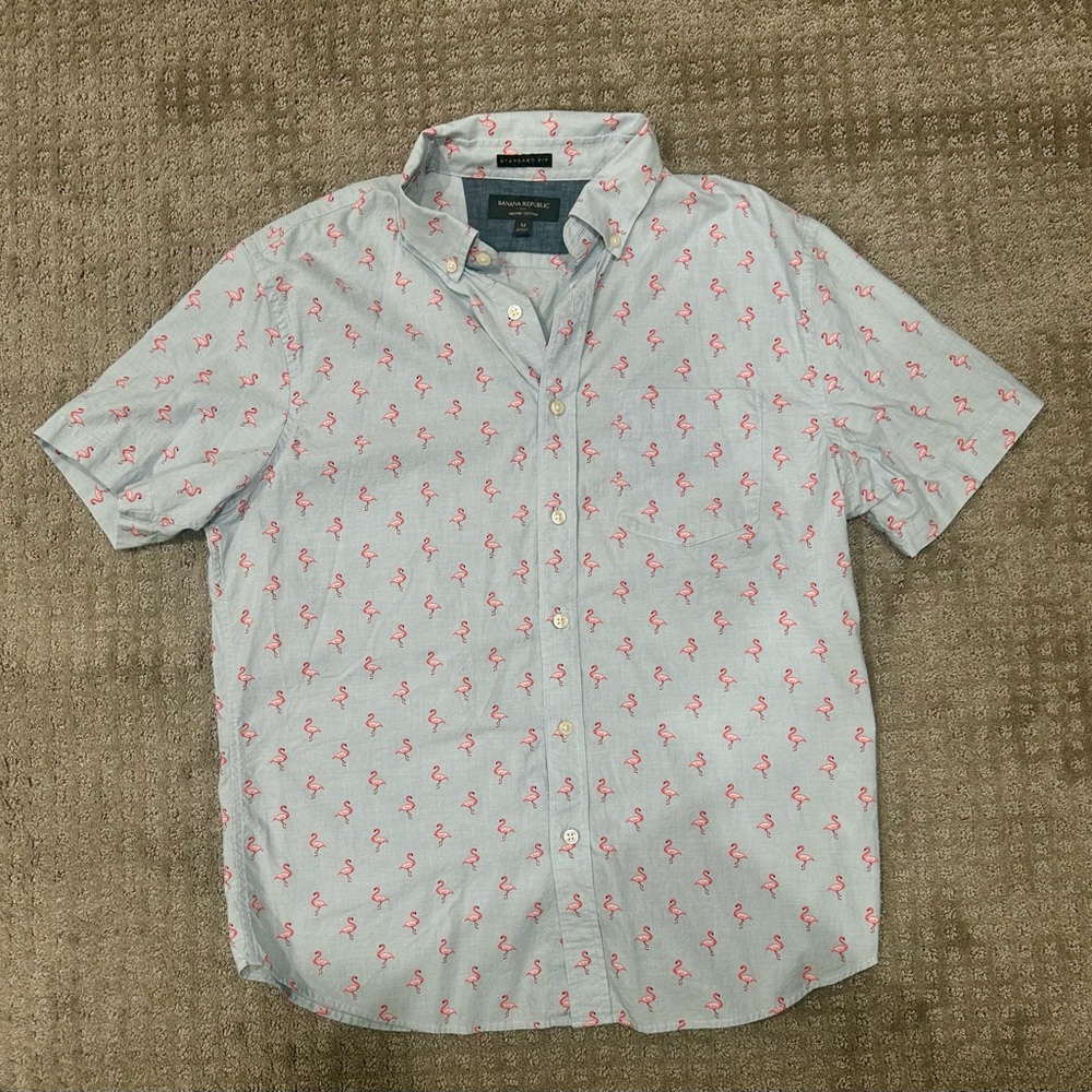 Banana Republic Mens Medium Collared Button Flamingo Shirt | Color: Blue/Red/Tan